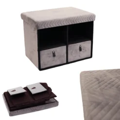 BANC PLIABLE TIROIR X2 VELOURS A MOTIF GRIS