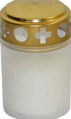 BOUGIE FUNERAIRE PLASTIQUE COUVERCLE METAL OR H.9CM BLANC