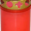 BOUGIE FUNERAIRE PLASTIQUE COUVERCLE METAL OR H.9CM ROUGE
