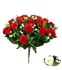 BOUQUET 18 BOUTONS ROSES ET GYPSO H.34CM