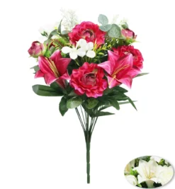 BOUQUET DE LYS. ROSES ET EUCALYPTUS H46CM 2 COULEURS ASSOR.