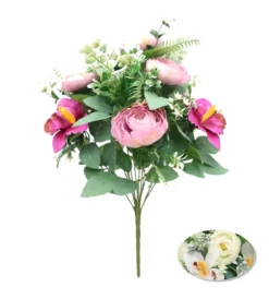 BOUQUET DE 7 RENONCULES ORCHIDEES ET EUCALYPTUS H50CM
