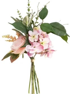 BOUQUET HORTENSIAS ROSES ET FEUILLAGE H.44CM