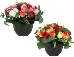 24 BOUTONS ROSES ET FEUILLAGE EUCALYPTUS H.28CM