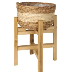 CACHE POT FIBRE VEGETALE SUR PIEDS BOIS H.38CM