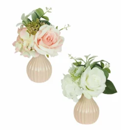 CENTRE TABLE ROSE ET HORTENSIA H.22CM BLANC ET ROSE