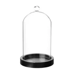 CLOCHE VERRE SOCLE BOIS H.19CM