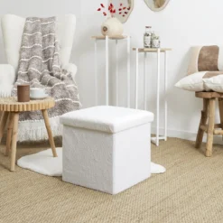 COFFRE POUF PLIABLE BOUCLETTE BLANC