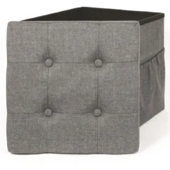 COFFRE POUF PLIABLE TISSU GRIS FONCE
