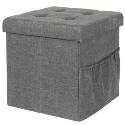COFFRE POUF PLIABLE TISSU GRIS FONCE