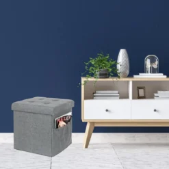 COFFRE POUF PLIABLE TISSU GRIS FONCE