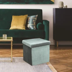 COFFRE POUF PLIABLE VELOURS COTELE GIULIA BLEU