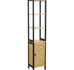 COLONNE BAMBOU 1 PORTE POIGNEE METAL 3 NICHES NOIR BAMBOU