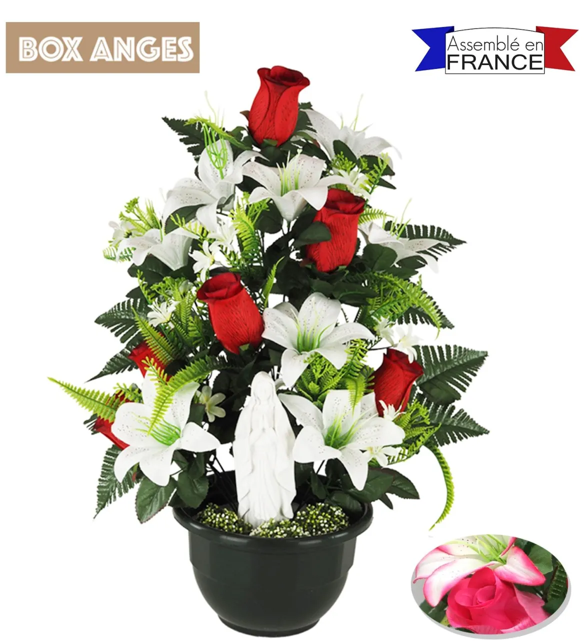 COMPOSITION 8 LYS ET 6 BOUTONS ROSES VIERGE H.63CM