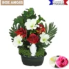 COMPOSITION 3 LYS 3 ROSES FEUILLAGE PALME LIERRE ANGE H.39CM
