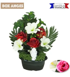 COMPOSITION 3 LYS 3 ROSES FEUILLAGE PALME LIERRE ANGE H.39CM