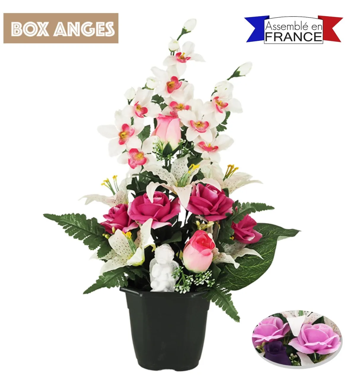 COMPOSITION ORCHIDEES ET ROSES ANGE H.43CM