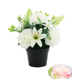 COMPOSITION PIVOINES MARGUERITES ET FEUILLAGES H.24CM COULEU