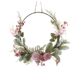 COURONNE DECO FLEURS ET FEUILLAGES A SUSPENDRE D.40CM