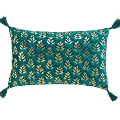 COUSSIN POMPONS 30X50CM VELOURS IMPRIME METALLISE EVIE BLEU