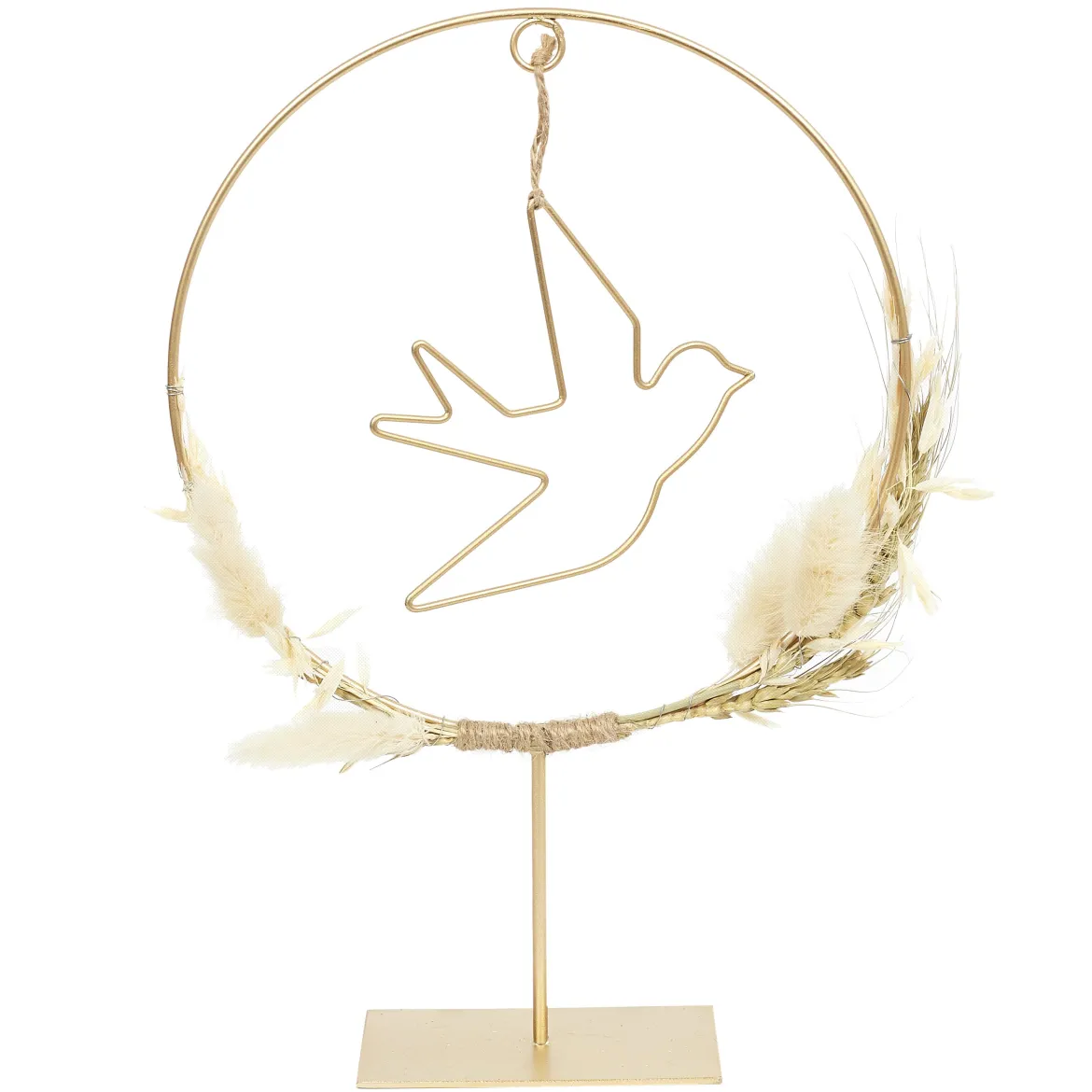 DECORATION A POSER CERCLE OISEAU DORE ET FLEURS SECHEES H.28