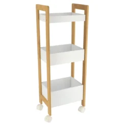 DESSERTE BAMBOU SUR ROULETTES 3 ETAGERES BLANC BAMBOU