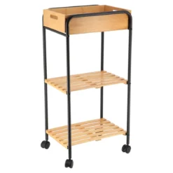 DESSERTE METAL SUR ROULETTES 1 NICHE 2 ETAGERES BAMBOU NOIR