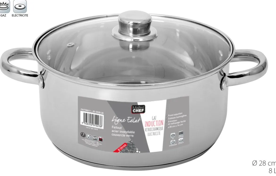 FAITOUT INOX AVEC COUVERCLE VERRE 28CM 8L