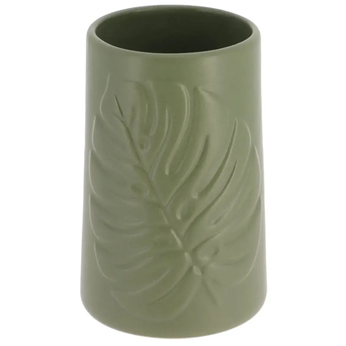 GOBELET GRES ROND DECOR FEUILLE KAKI