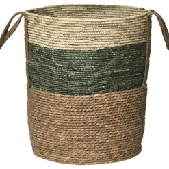 GRANDE PANIERE MATIERE VEGETALE RONDE BLANC VERT NATUREL