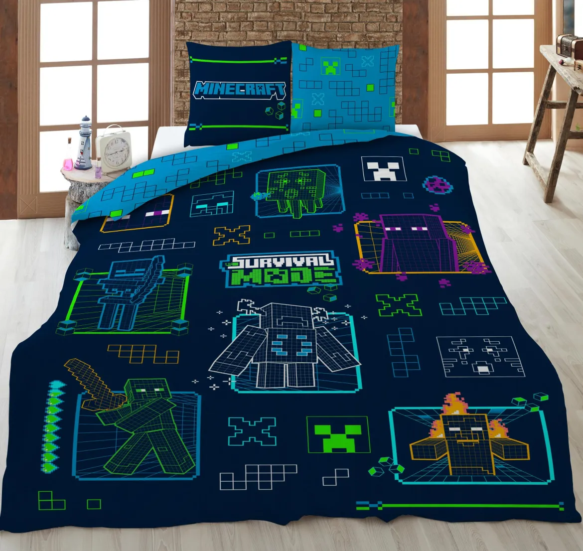 HOUSSE COUETTE 140X200CM ET 63X63CM MINECRAFT