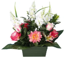 JARDINIERE DELPHINIUMS ROSES GERBERAS