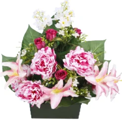 JARDINIERE PIVOINE LYS BOUTON ROSE LUPIN H57CM