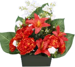 JARDINIERE PIVOINE LYS BOUTON ROSE LUPIN H57CM