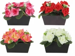 JARDINIERE 14 ROSES ET PETITES SUCCULENTES H.16CM 4 COULEURS