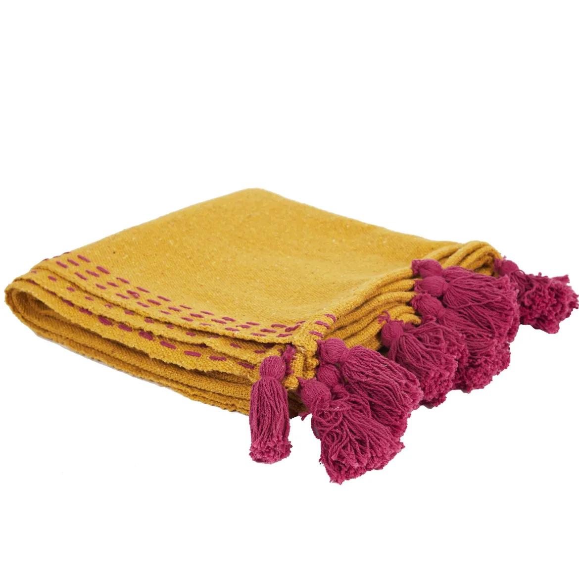 JETE DE CANAPE SURPIQUE POMPONS JAUNE 130X150CM