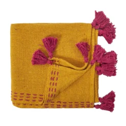 JETE DE CANAPE SURPIQUE POMPONS JAUNE 130X150CM