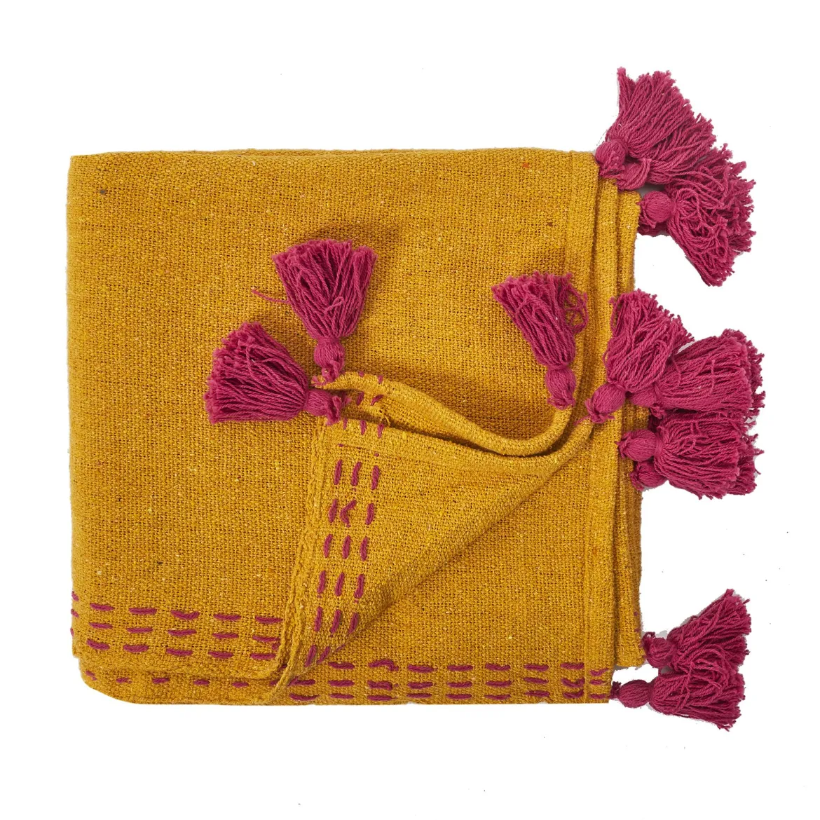 JETE DE CANAPE SURPIQUE POMPONS JAUNE 130X150CM