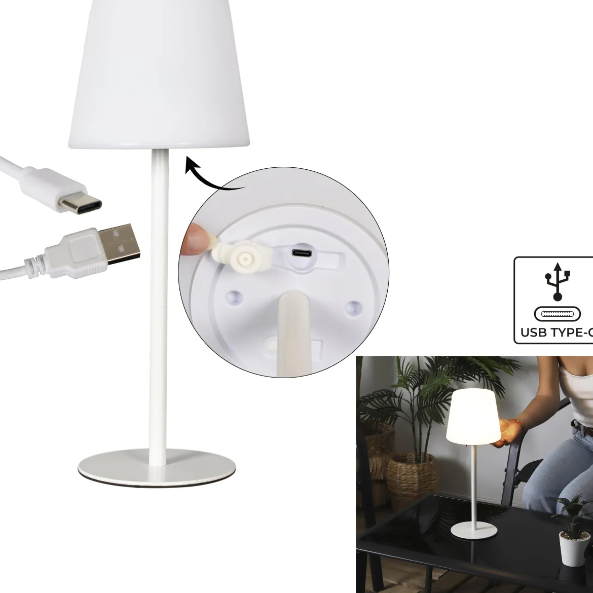 LAMPE A POSER PLASTIQUE BLANC H.40CM RECHARGEABLE