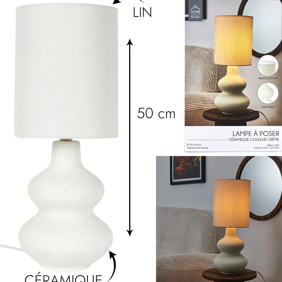 LAMPE CERAMIQUE CREME H.50CM