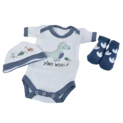 LOT BODY BONNET CHAUSSETTES NAISSANCE COTON DINO WORLD