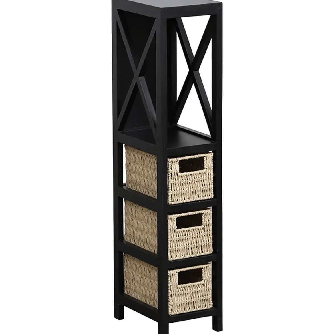 MEUBLE NOIR 1 ETAGERE 3 PANIERS PAPIER TRESSES NOIR NATUREL