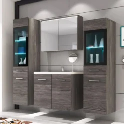 MEUBLE DE SALLE DE BAIN SUSPENDU AVEC MIROIR MARRON FONCE