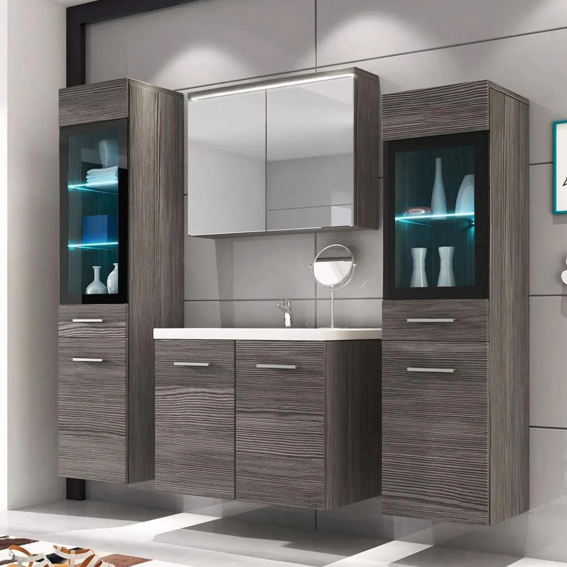 MEUBLE DE SALLE DE BAIN SUSPENDU AVEC MIROIR MARRON FONCE