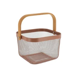 PANIER DE RANGEMENT CARRE METAL POIGNEE BAMBOU CARAMEL
