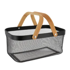 PANIER DE RANGEMENT RECTANGLE METAL POIGNEES BAMBOU NOIR