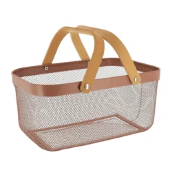 PANIER DE RANGEMENT RECTANGLE METAL POIGNEES BAMBOU CARAMEL