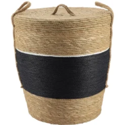 PANIERE PAPIER ET PAILLE AVEC COUVERCLE 42X48CM NOIR NATUREL