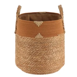PANIERE RONDE COTON ET JONC DE MER 37X43CM NAT ET CAMEL