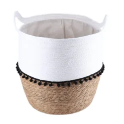 PANIERE RONDE DECO POMPONS D.42X48CM BLANC NATUREL